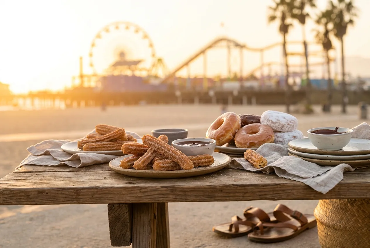 Churros and donuts on a table with the Santa Monica ferris wheel blurred in golden light