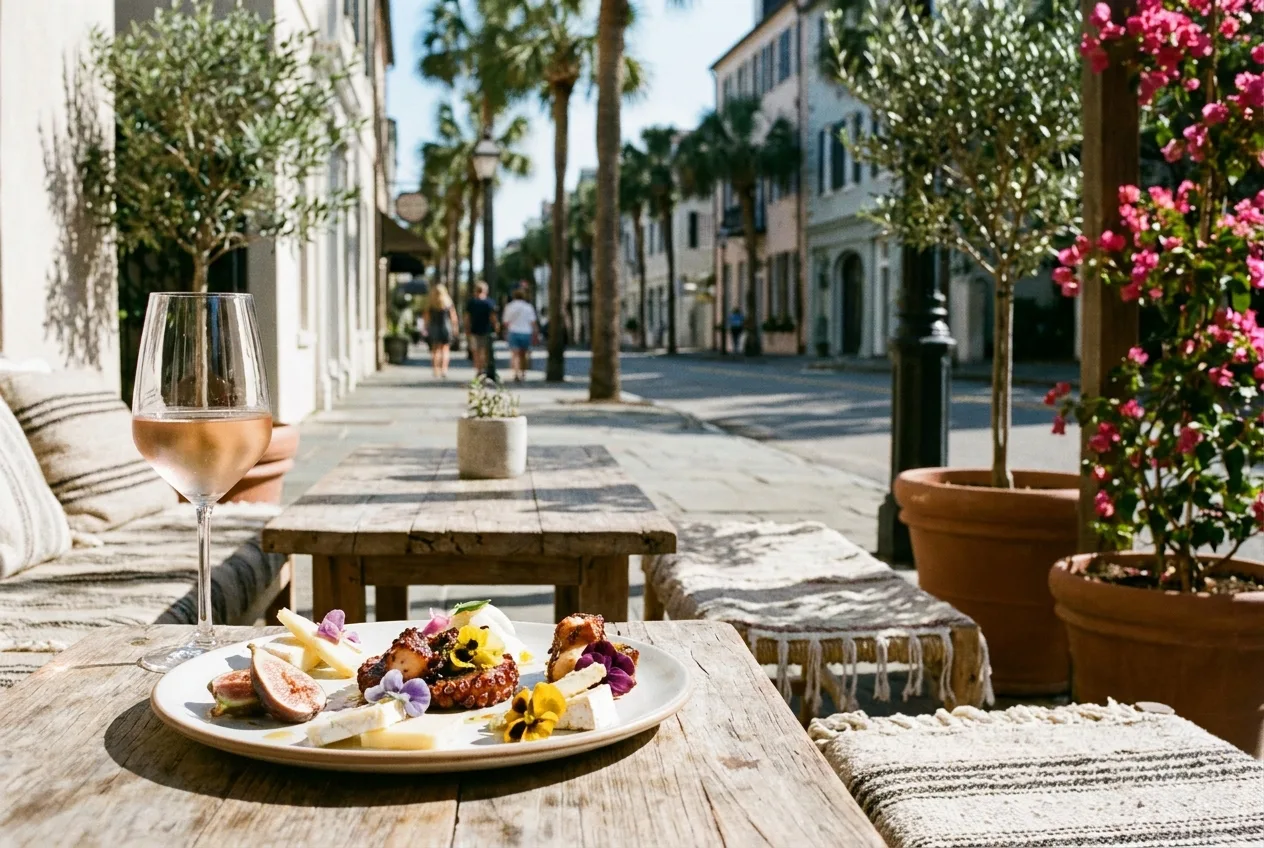 A gourmet tasting plate and glass of rose on a chic patio along a palm-lined street