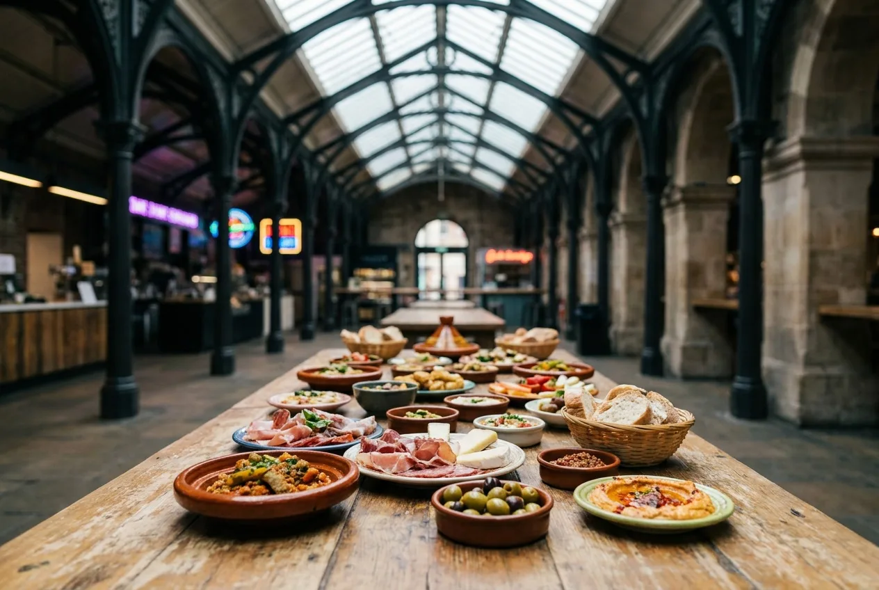 Diverse tasting dishes across a table at a grand indoor food market