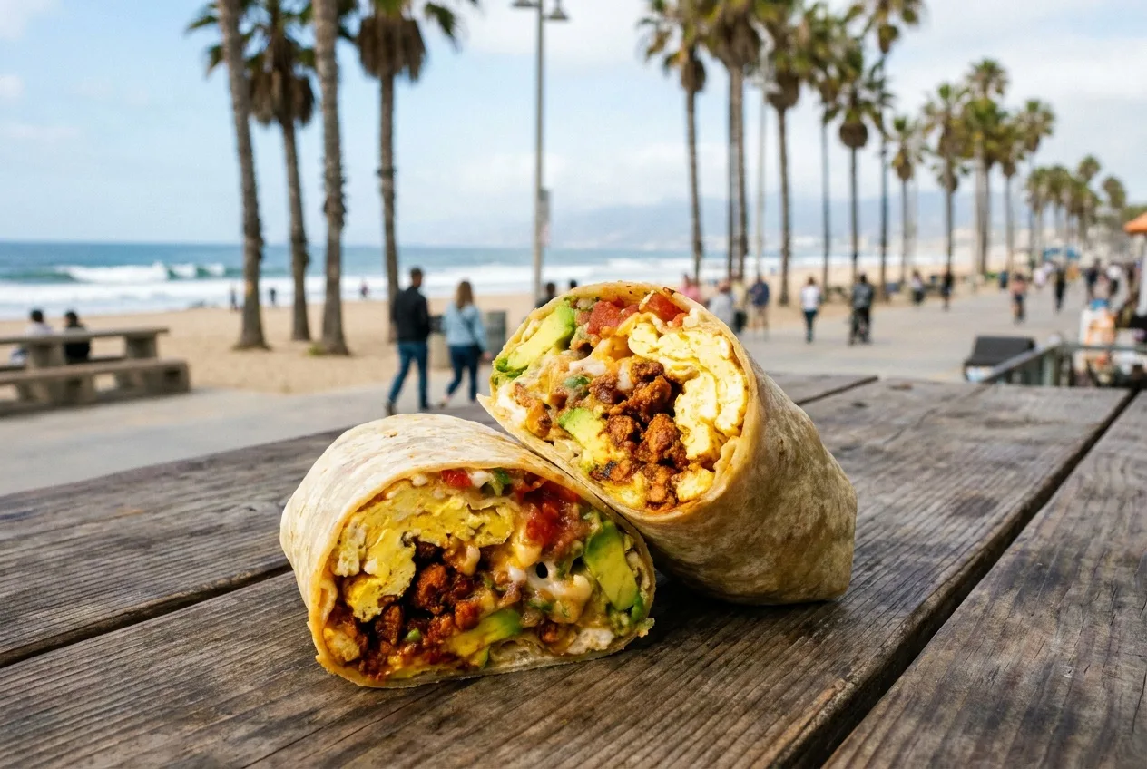 A loaded breakfast burrito on a boardwalk table with Venice Beach palms and ocean behind