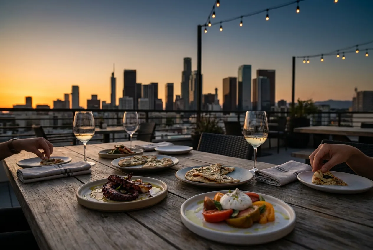 Modern small plates on a rooftop table with the downtown Los Angeles skyline at dusk