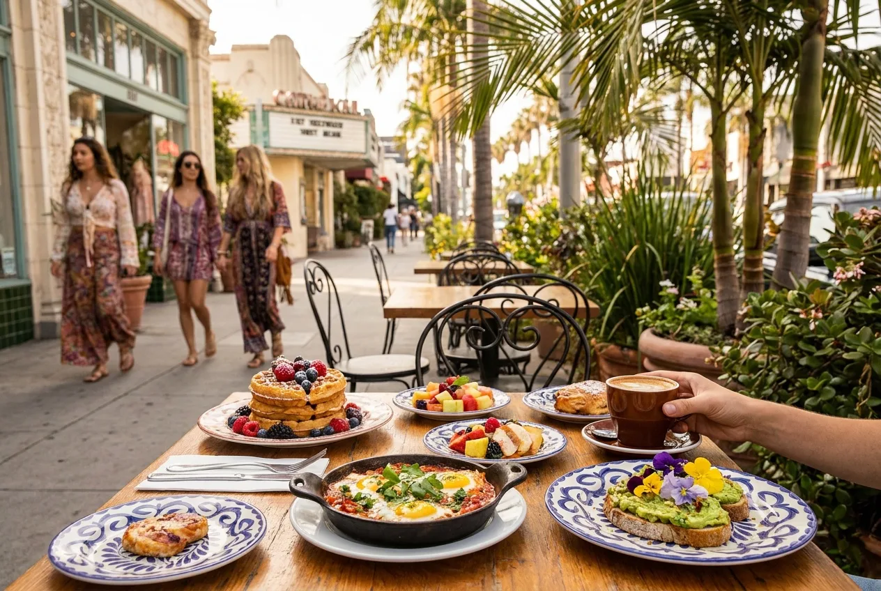 Colorful brunch plates on a stylish West Hollywood sidewalk cafe table
