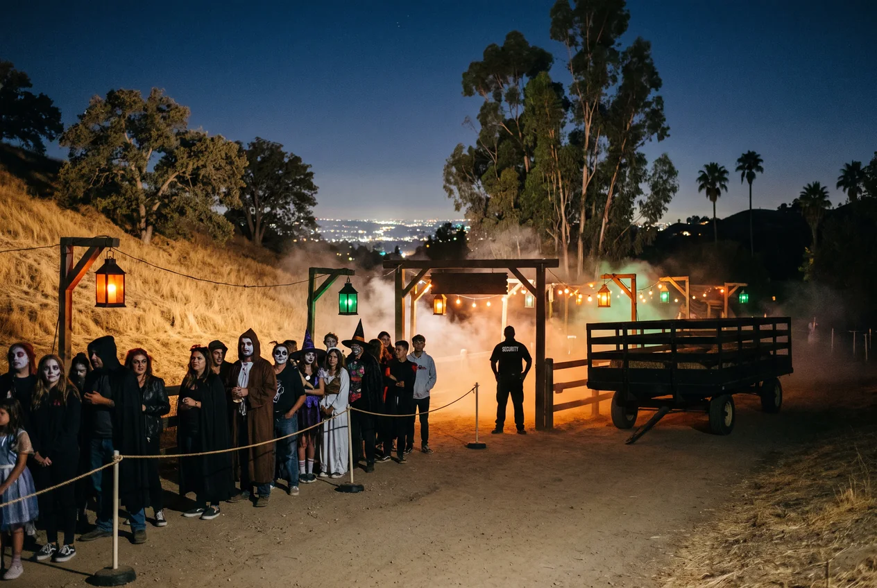 Costumed visitors waiting in line at night at the edge of a wooded hillside park, fog drifting across a dirt path lit with orange and green light, city lights glowing in the valley below
