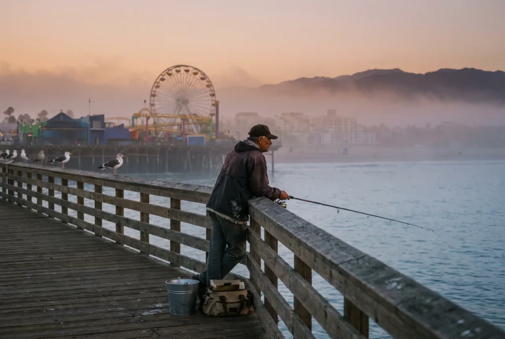An angler at the rail of the Santa Monica Pier at sunrise, rod out over the Pacific, the Ferris wheel and pier buildings behind, Malibu hills in haze