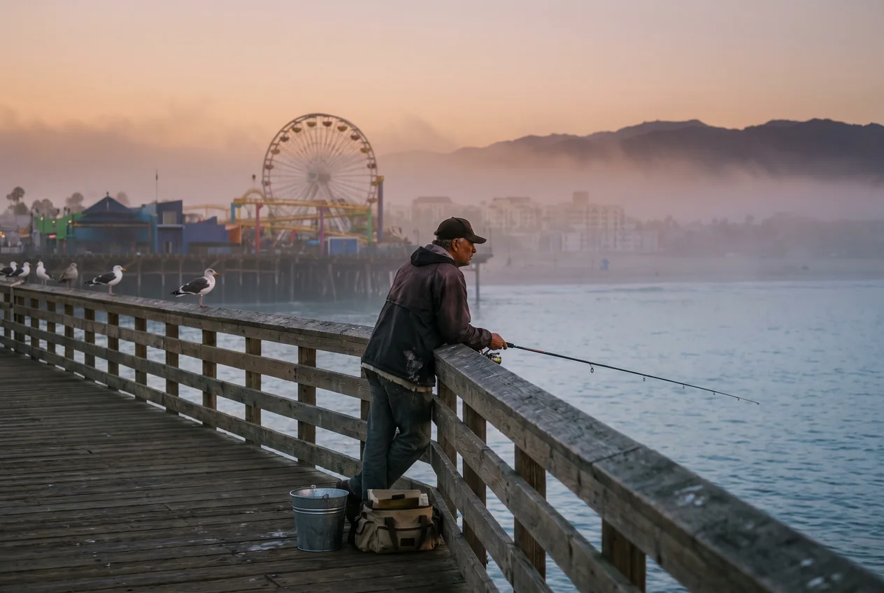 An angler at the rail of the Santa Monica Pier at sunrise, rod out over the Pacific, the Ferris wheel and pier buildings behind, Malibu hills in haze