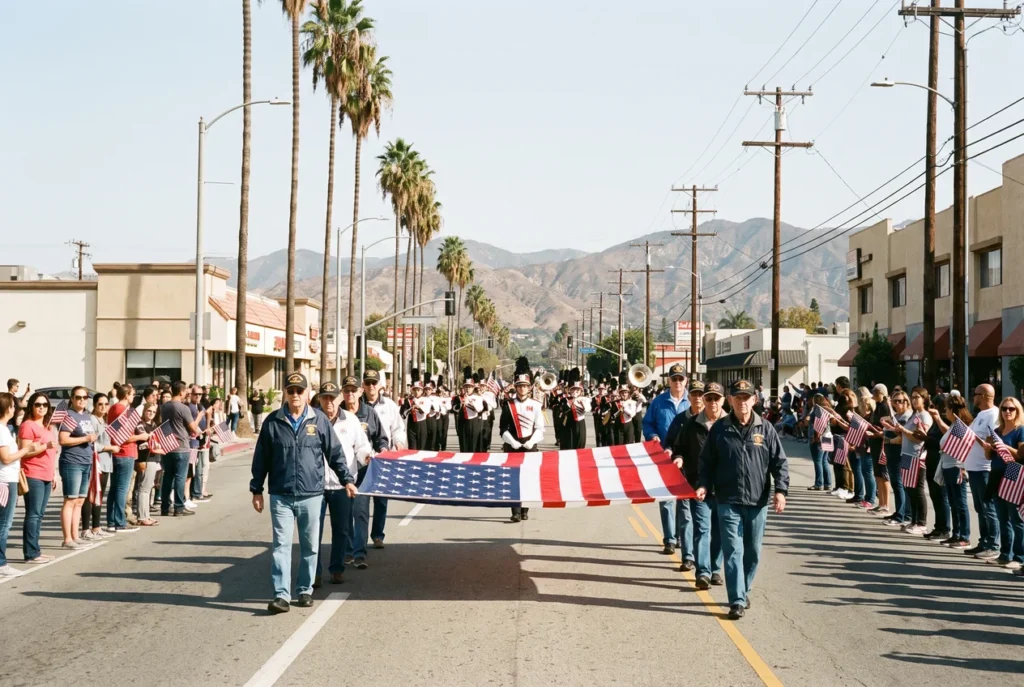 Veterans in unit ball caps marching south down Laurel Canyon Boulevard in the San Fernando Valley on a clear November morning, spectators with small American flags on the kerb