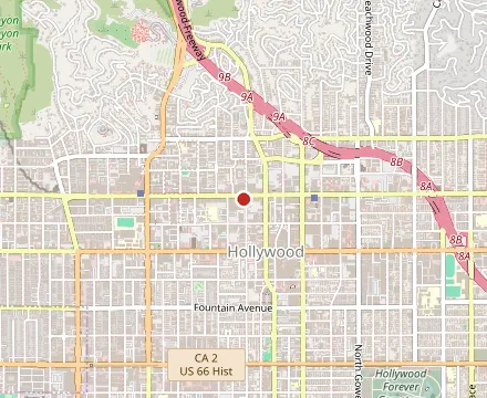 Map showing Joe's Pizza - Hollywood Blvd